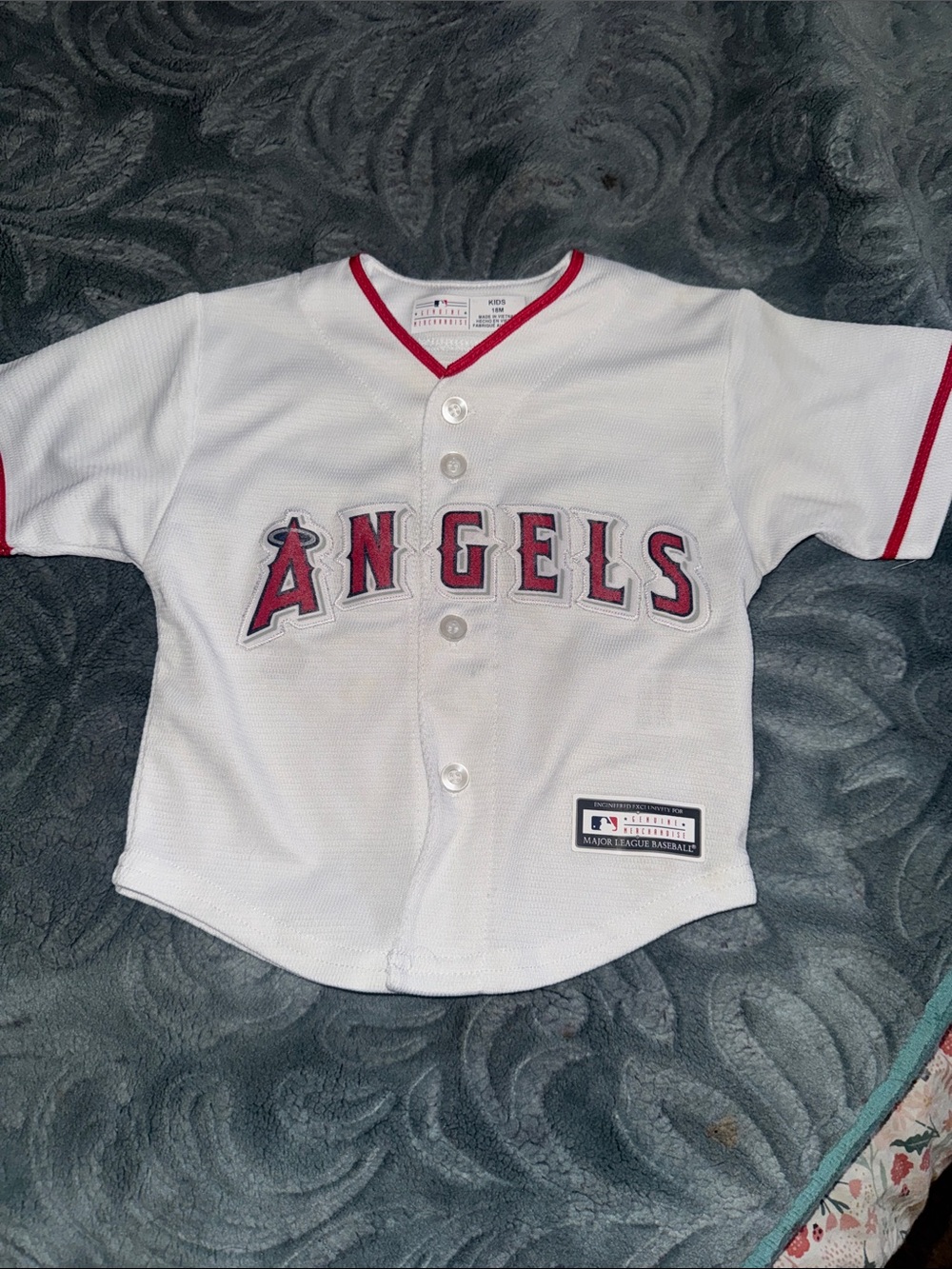 Genuine Merchandise White Kids Angels Baseball Jersey with Red Trim